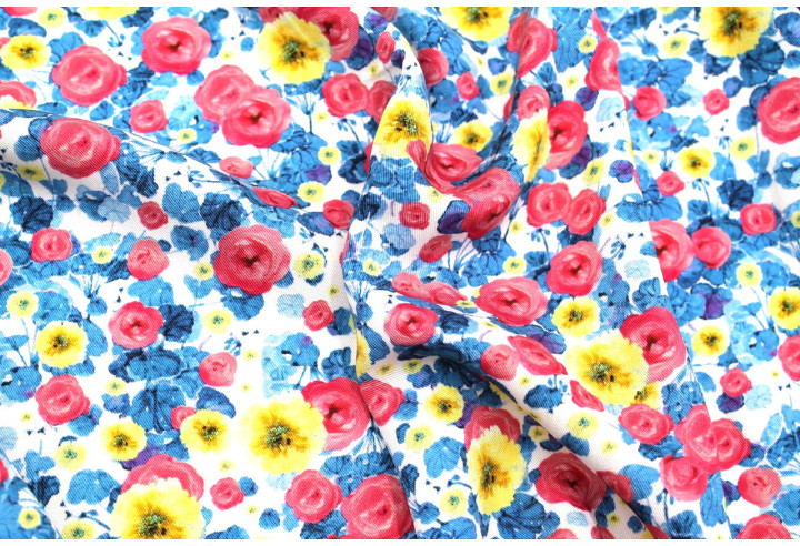 Tissu Gabardine Viscose Imprimé Fleur Poppies Bleu et Rose de Qualité, Tissu au mètre, Tissu pas cher - Alltissus.com