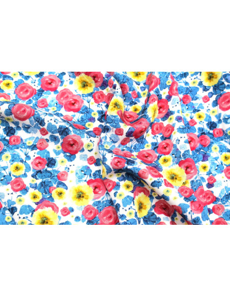 Tissu Gabardine Viscose Imprimé Fleur Poppies Bleu et Rose de Qualité, Tissu au mètre, Tissu pas cher - Alltissus.com