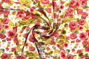Tissu Gabardine Viscose Imprimé Fleur Poppies Moutarde de Qualité, Tissu au mètre, Tissu pas cher - Alltissus.com