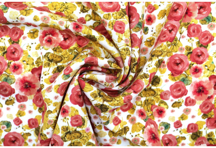 Tissu Gabardine Viscose Imprimé Fleur Poppies Moutarde de Qualité, Tissu au mètre, Tissu pas cher - Alltissus.com