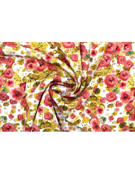 Tissu Gabardine Viscose Imprimé Fleur Poppies Moutarde de Qualité, Tissu au mètre, Tissu pas cher - Alltissus.com