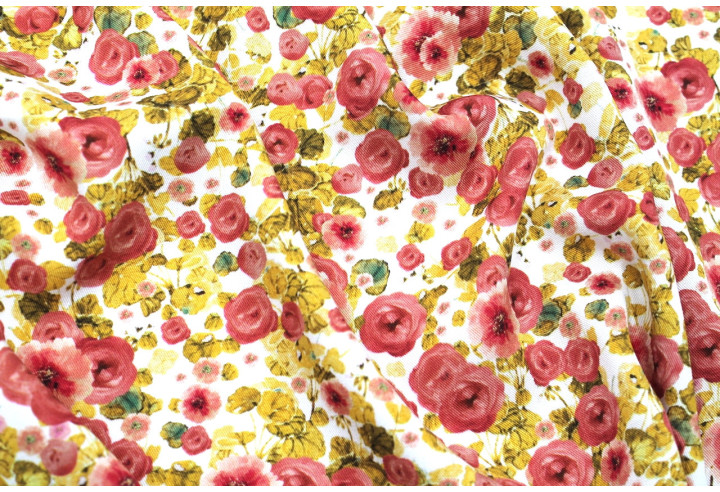 Tissu Gabardine Viscose Imprimé Fleur Poppies Moutarde de Qualité, Tissu au mètre, Tissu pas cher - Alltissus.com
