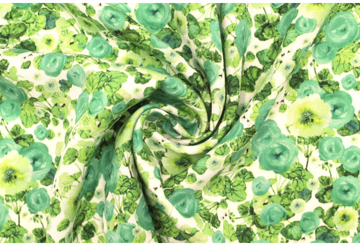 Tissu Gabardine Viscose Imprimé Fleur Poppies Vert de Qualité, Tissu au mètre, Tissu pas cher - Alltissus.com