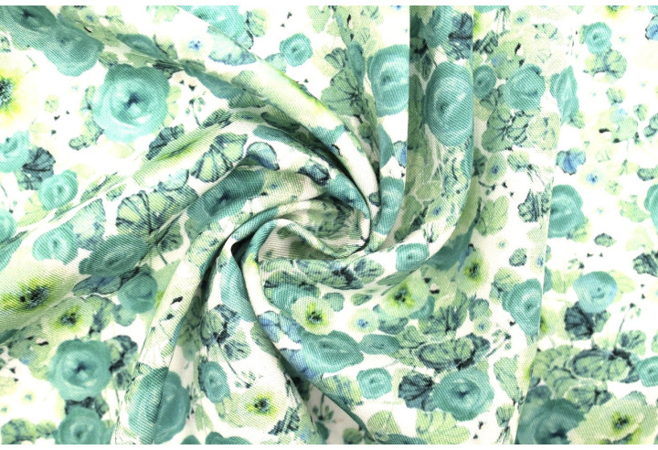 Tissu Gabardine Viscose Imprimé Fleur Poppies Turquoise de Qualité, Tissu au mètre, Tissu pas cher - Alltissus.com