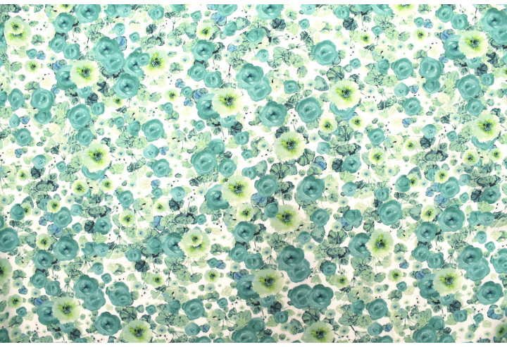 Tissu Gabardine Viscose Imprimé Fleur Poppies Turquoise de Qualité, Tissu au mètre, Tissu pas cher - Alltissus.com