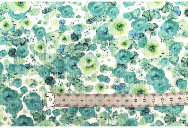 Tissu Gabardine Viscose Imprimé Fleur Poppies Turquoise de Qualité, Tissu au mètre, Tissu pas cher - Alltissus.com