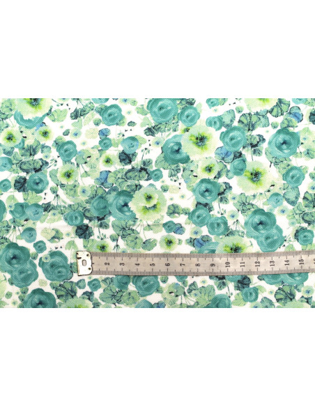Tissu Gabardine Viscose Imprimé Fleur Poppies Turquoise de Qualité, Tissu au mètre, Tissu pas cher - Alltissus.com