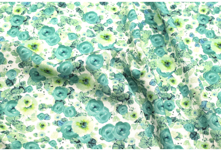 Tissu Gabardine Viscose Imprimé Fleur Poppies Turquoise de Qualité, Tissu au mètre, Tissu pas cher - Alltissus.com