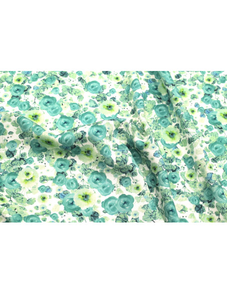 Tissu Gabardine Viscose Imprimé Fleur Poppies Turquoise de Qualité, Tissu au mètre, Tissu pas cher - Alltissus.com