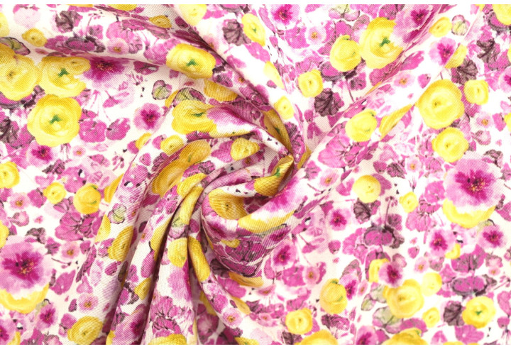 Tissu Gabardine Viscose Imprimé Fleur Poppies Rose de Qualité, Tissu au mètre, Tissu pas cher - Alltissus.com