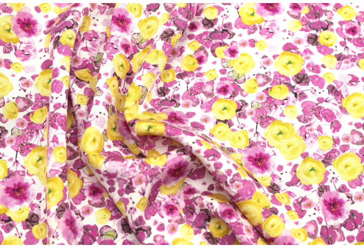 Tissu Gabardine Viscose Imprimé Fleur Poppies Rose de Qualité, Tissu au mètre, Tissu pas cher - Alltissus.com