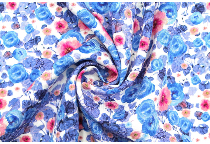 Tissu Gabardine Viscose Imprimé Fleur Poppies Bleu Violet de Qualité, Tissu au mètre, Tissu pas cher - Alltissus.com