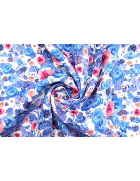 Tissu Gabardine Viscose Imprimé Fleur Poppies Bleu Violet de Qualité, Tissu au mètre, Tissu pas cher - Alltissus.com