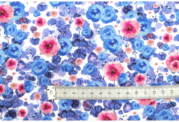 Tissu Gabardine Viscose Imprimé Fleur Poppies Bleu Violet de Qualité, Tissu au mètre, Tissu pas cher - Alltissus.com