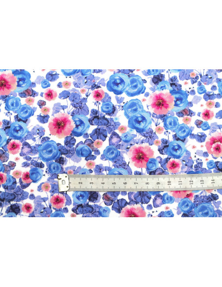 Tissu Gabardine Viscose Imprimé Fleur Poppies Bleu Violet de Qualité, Tissu au mètre, Tissu pas cher - Alltissus.com