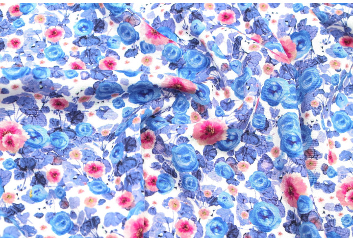 Tissu Gabardine Viscose Imprimé Fleur Poppies Bleu Violet de Qualité, Tissu au mètre, Tissu pas cher - Alltissus.com