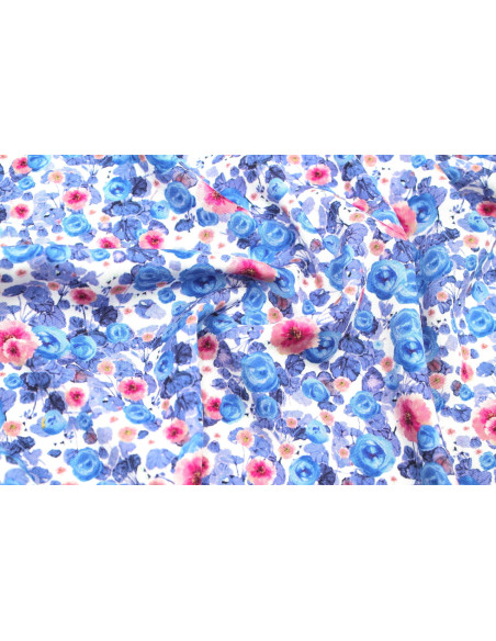 Tissu Gabardine Viscose Imprimé Fleur Poppies Bleu Violet de Qualité, Tissu au mètre, Tissu pas cher - Alltissus.com