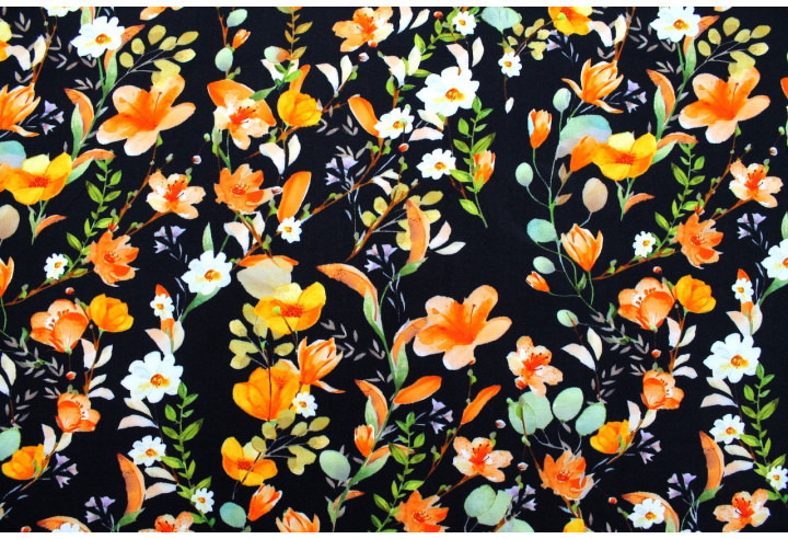 Tissu Gabardine Viscose Imprimé Fleur Violette Noir de Qualité, Tissu au mètre, Tissu pas cher - Alltissus.com