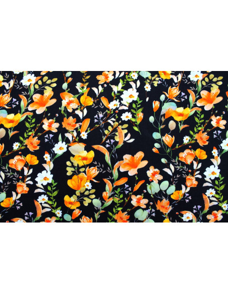 Tissu Gabardine Viscose Imprimé Fleur Violette Noir de Qualité, Tissu au mètre, Tissu pas cher - Alltissus.com