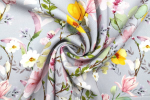 Tissu Gabardine Viscose Imprimé Fleur Violette Gris de Qualité, Tissu au mètre, Tissu pas cher - Alltissus.com