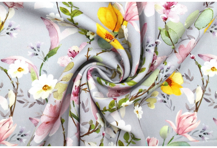 Tissu Gabardine Viscose Imprimé Fleur Violette Gris de Qualité, Tissu au mètre, Tissu pas cher - Alltissus.com