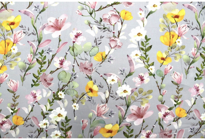 Tissu Gabardine Viscose Imprimé Fleur Violette Gris de Qualité, Tissu au mètre, Tissu pas cher - Alltissus.com