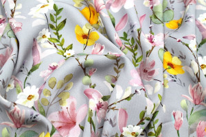 Tissu Gabardine Viscose Imprimé Fleur Violette Gris de Qualité, Tissu au mètre, Tissu pas cher - Alltissus.com 2