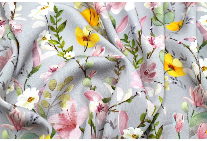 Tissu Gabardine Viscose Imprimé Fleur Violette Gris de Qualité, Tissu au mètre, Tissu pas cher - Alltissus.com