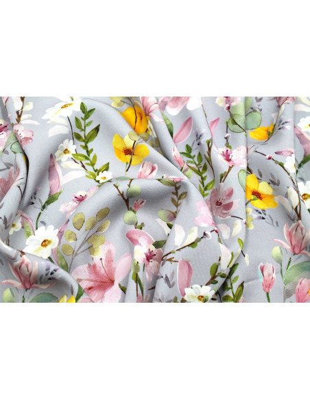 Tissu Gabardine Viscose Imprimé Fleur Violette Gris de Qualité, Tissu au mètre, Tissu pas cher - Alltissus.com
