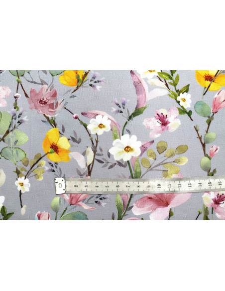 Tissu Gabardine Viscose Imprimé Fleur Violette Gris de Qualité, Tissu au mètre, Tissu pas cher - Alltissus.com