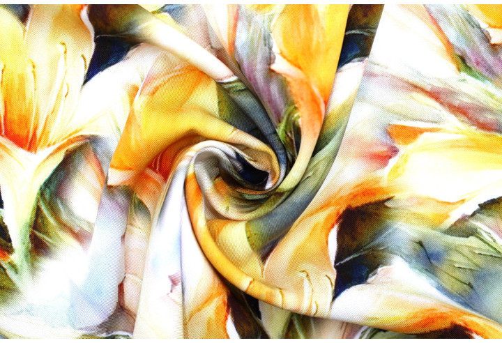 Tissu Gabardine Viscose Imprimé Fleur Grande Lys Orange de Qualité, Tissu au mètre, Tissu pas cher - Alltissus.com
