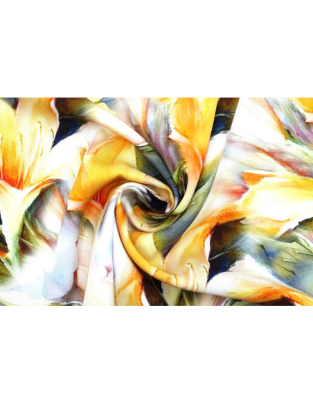Tissu Gabardine Viscose Imprimé Fleur Grande Lys Orange de Qualité, Tissu au mètre, Tissu pas cher - Alltissus.com