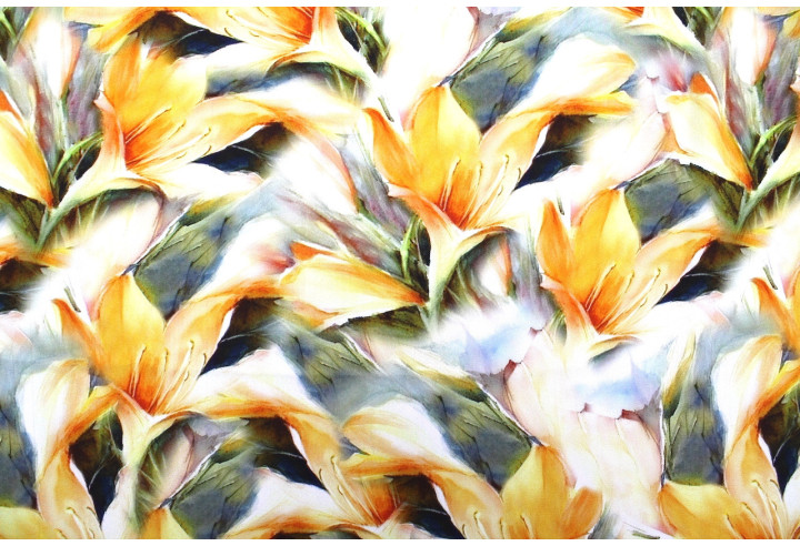 Tissu Gabardine Viscose Imprimé Fleur Grande Lys Orange de Qualité, Tissu au mètre, Tissu pas cher - Alltissus.com