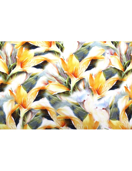 Tissu Gabardine Viscose Imprimé Fleur Grande Lys Orange de Qualité, Tissu au mètre, Tissu pas cher - Alltissus.com