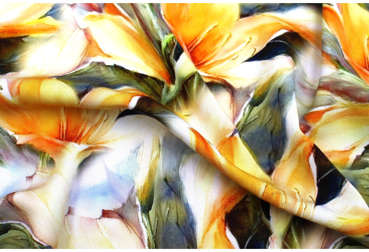 Tissu Gabardine Viscose Imprimé Fleur Grande Lys Orange de Qualité, Tissu au mètre, Tissu pas cher - Alltissus.com