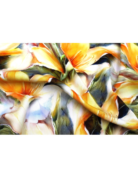 Tissu Gabardine Viscose Imprimé Fleur Grande Lys Orange de Qualité, Tissu au mètre, Tissu pas cher - Alltissus.com