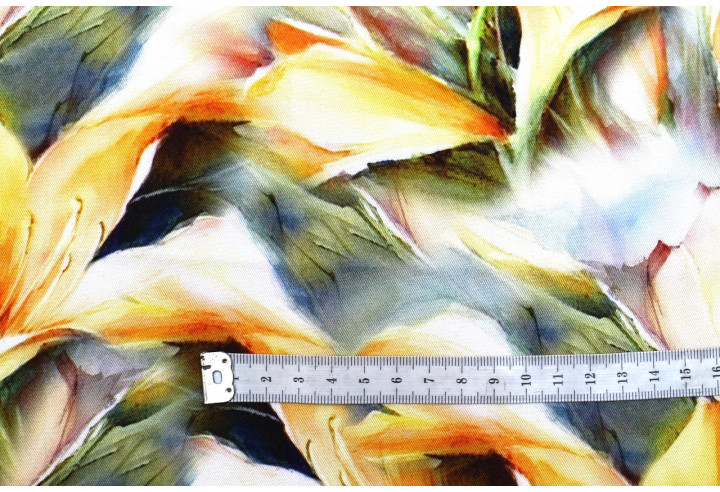 Tissu Gabardine Viscose Imprimé Fleur Grande Lys Orange de Qualité, Tissu au mètre, Tissu pas cher - Alltissus.com