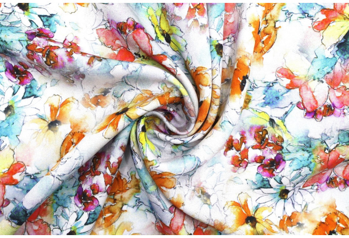 Tissu Gabardine Viscose Imprimé Fleur Edel Orange et Turquoise de Qualité, Tissu au mètre, Tissu pas cher - Alltissus.com