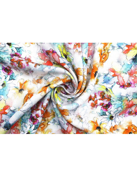 Tissu Gabardine Viscose Imprimé Fleur Edel Orange et Turquoise de Qualité, Tissu au mètre, Tissu pas cher - Alltissus.com