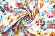 Tissu Gabardine Viscose Imprimé Fleur Edel Orange et Turquoise de Qualité, Tissu au mètre, Tissu pas cher - Alltissus.com