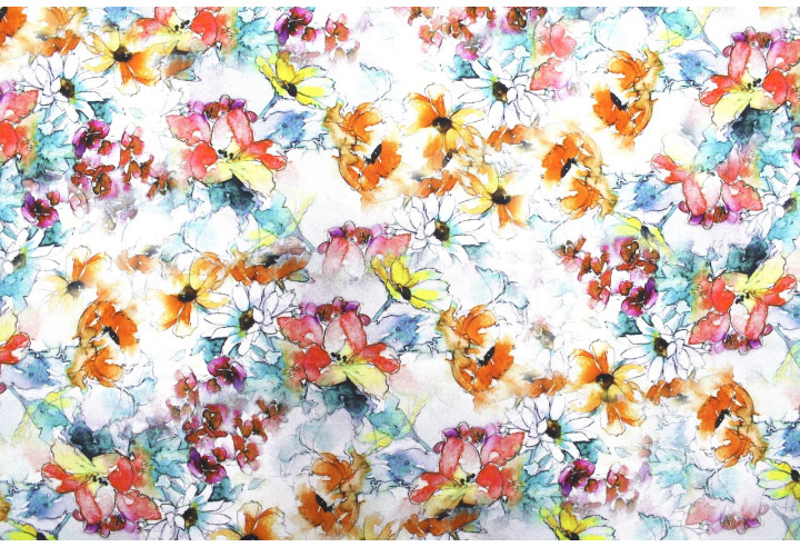 Tissu Gabardine Viscose Imprimé Fleur Edel Orange et Turquoise de Qualité, Tissu au mètre, Tissu pas cher - Alltissus.com