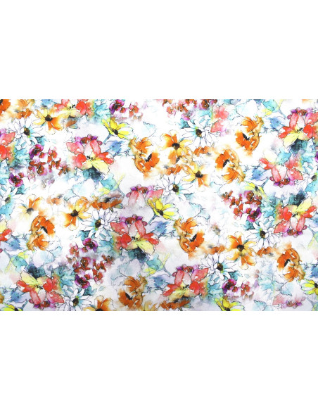 Tissu Gabardine Viscose Imprimé Fleur Edel Orange et Turquoise de Qualité, Tissu au mètre, Tissu pas cher - Alltissus.com