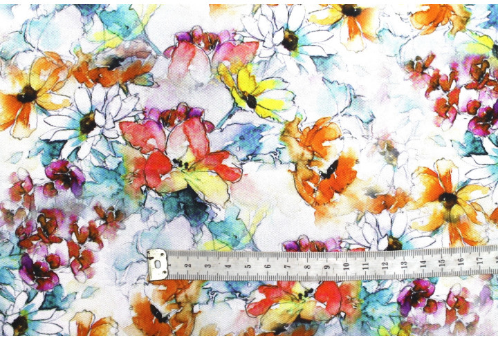 Tissu Gabardine Viscose Imprimé Fleur Edel Orange et Turquoise de Qualité, Tissu au mètre, Tissu pas cher - Alltissus.com