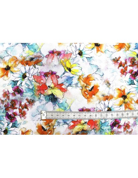 Tissu Gabardine Viscose Imprimé Fleur Edel Orange et Turquoise de Qualité, Tissu au mètre, Tissu pas cher - Alltissus.com