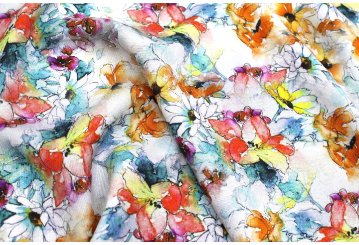 Tissu Gabardine Viscose Imprimé Fleur Edel Orange et Turquoise de Qualité, Tissu au mètre, Tissu pas cher - Alltissus.com