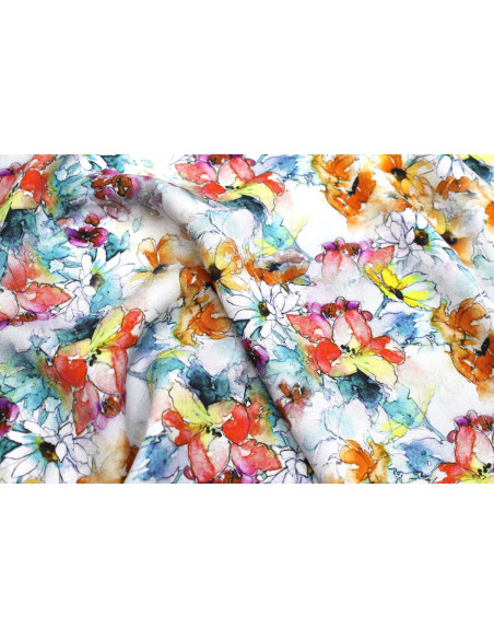 Tissu Gabardine Viscose Imprimé Fleur Edel Orange et Turquoise de Qualité, Tissu au mètre, Tissu pas cher - Alltissus.com