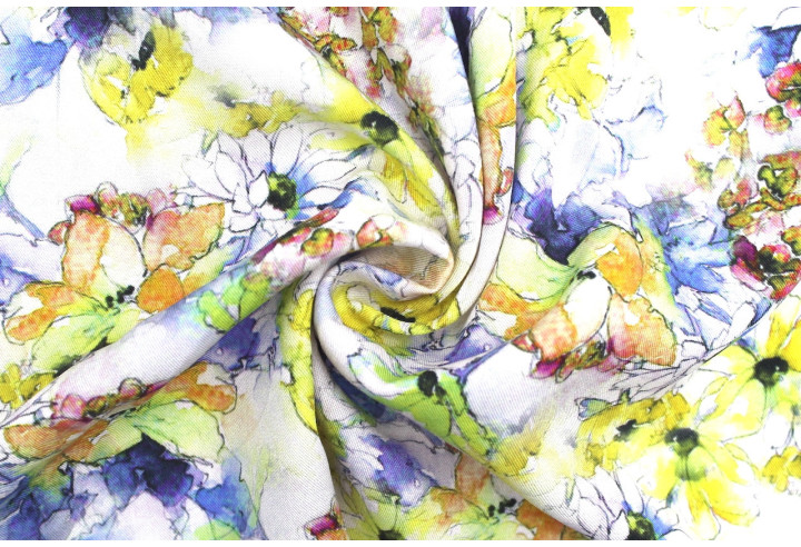 Tissu Gabardine Viscose Imprimé Fleur Edel Jaune et Bleu de Qualité, Tissu au mètre, Tissu pas cher - Alltissus.com