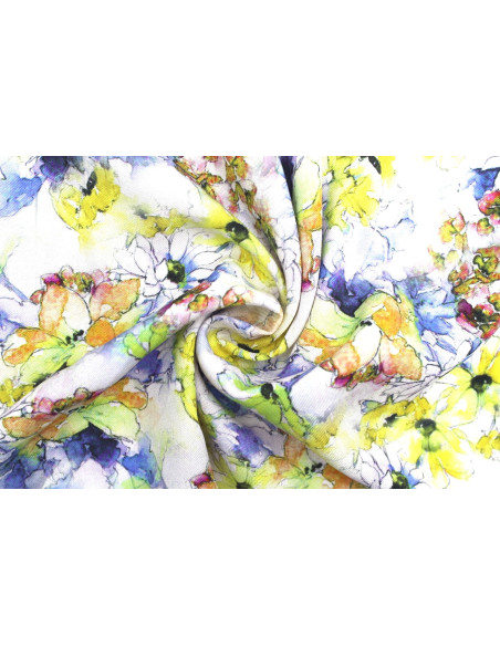Tissu Gabardine Viscose Imprimé Fleur Edel Jaune et Bleu de Qualité, Tissu au mètre, Tissu pas cher - Alltissus.com