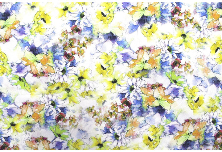 Tissu Gabardine Viscose Imprimé Fleur Edel Jaune et Bleu de Qualité, Tissu au mètre, Tissu pas cher - Alltissus.com