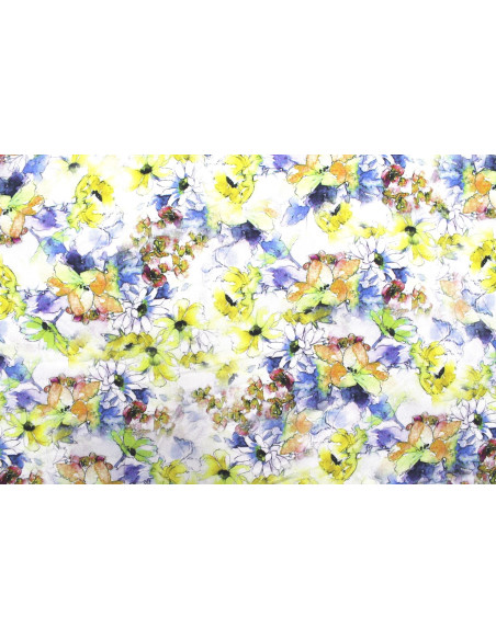 Tissu Gabardine Viscose Imprimé Fleur Edel Jaune et Bleu de Qualité, Tissu au mètre, Tissu pas cher - Alltissus.com